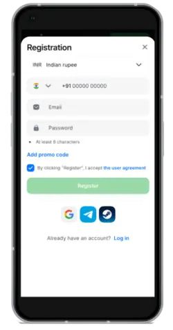 Screenshot of the registration page in the 1win mobile app in India